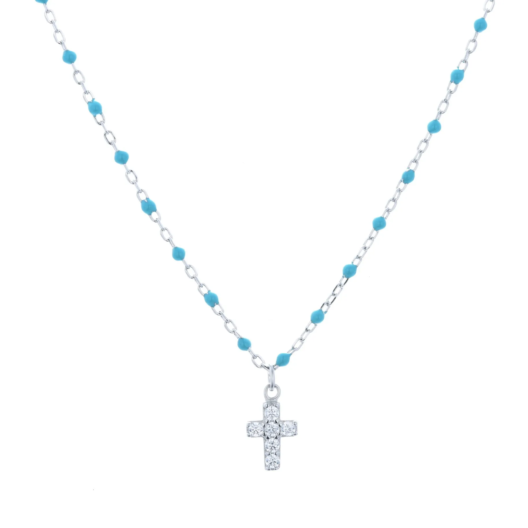 AMARI MINI CROSS BLUE BEADED SILVER NECKLACE