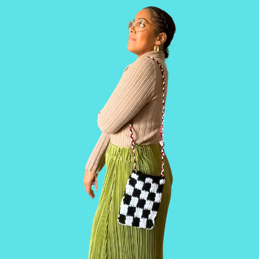 Black and White Checkered Crochet Mini Cross Body Bag