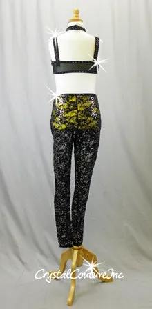 Black Lace and Yellow Lycra Top & Trunks with Lace Leggings - Swarovski Rhinestones