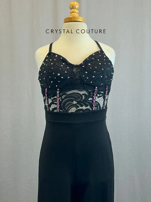 Black Unitard With Black Lace Corset Top and Rhinestones