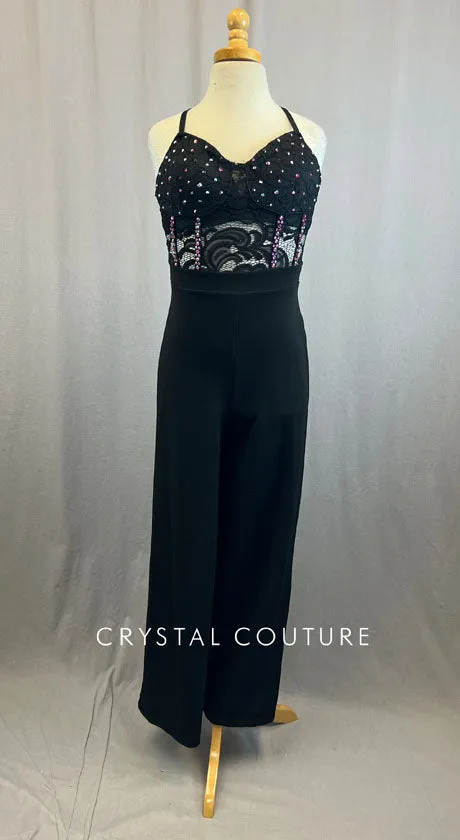 Black Unitard With Black Lace Corset Top and Rhinestones