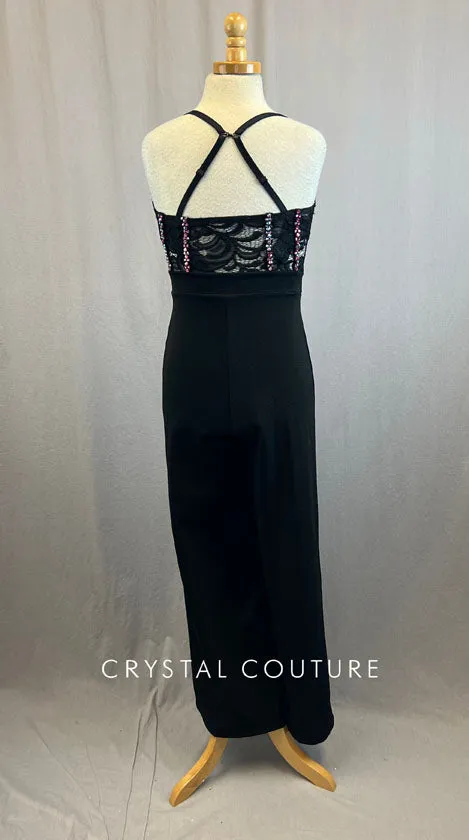 Black Unitard With Black Lace Corset Top and Rhinestones