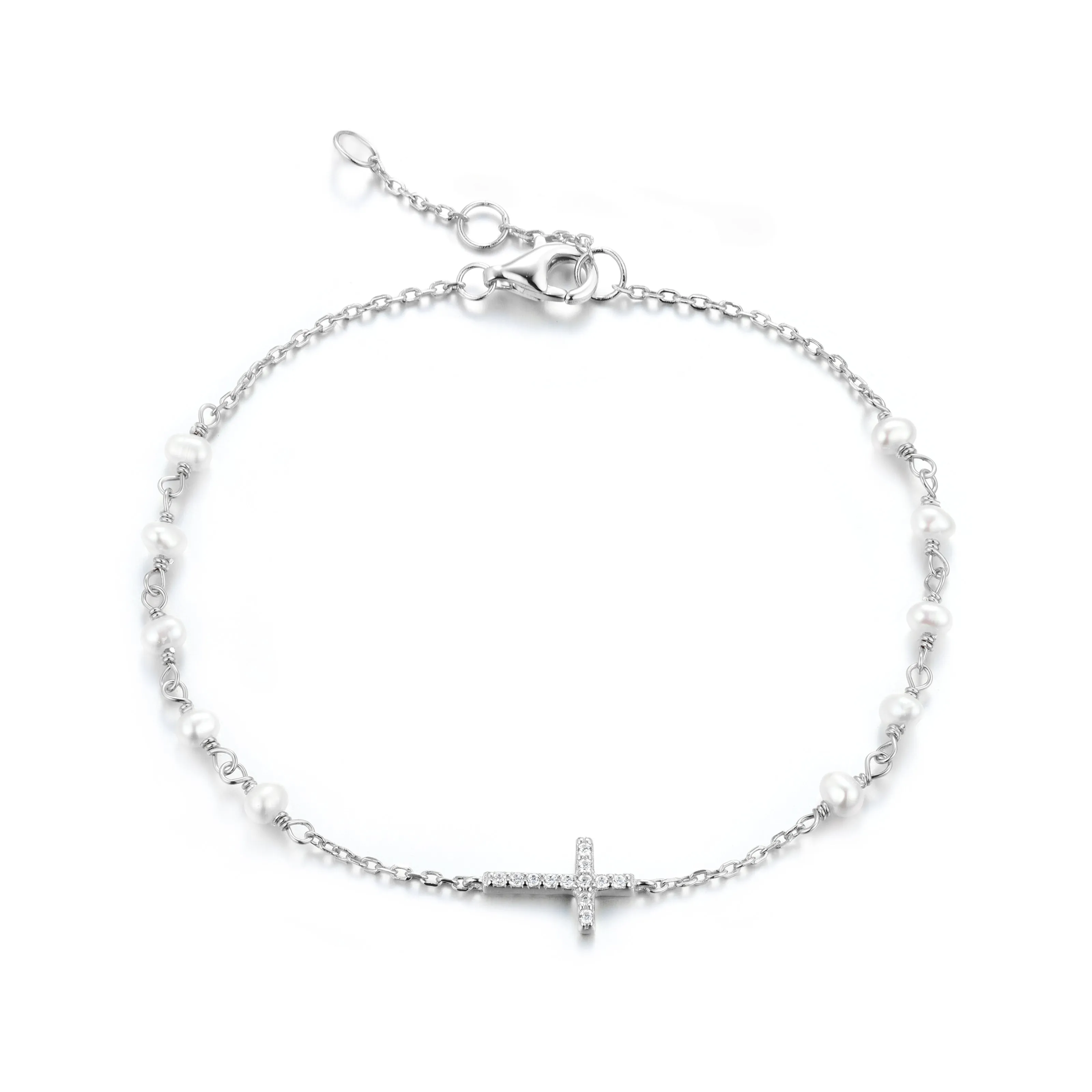 GABRIELLA CROSS FRESHWATER PEARL BEADED SILVER BRACELET