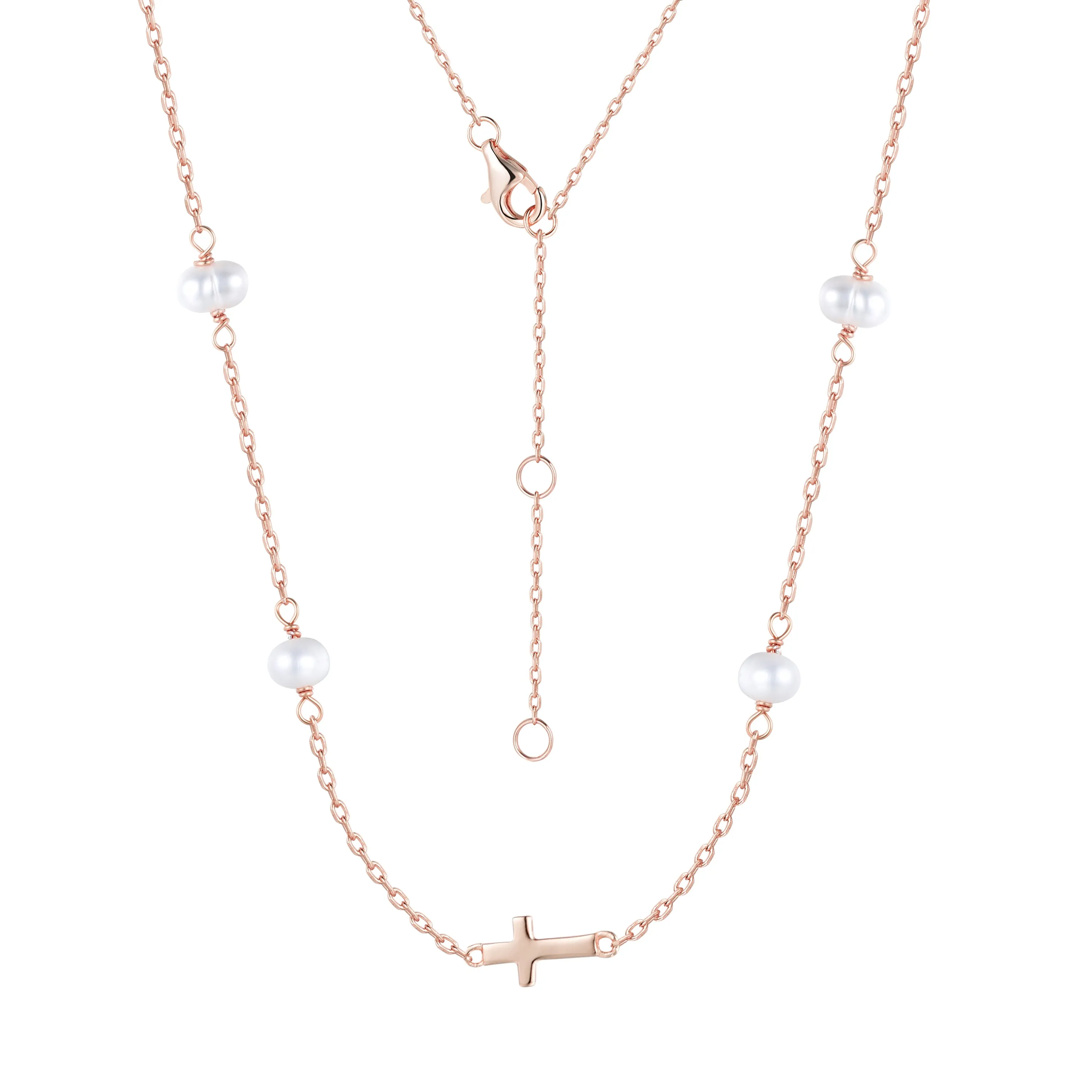 MIKALA CROSS FRESHWATER PEARL BEADED ROSE GOLD NECKLACE