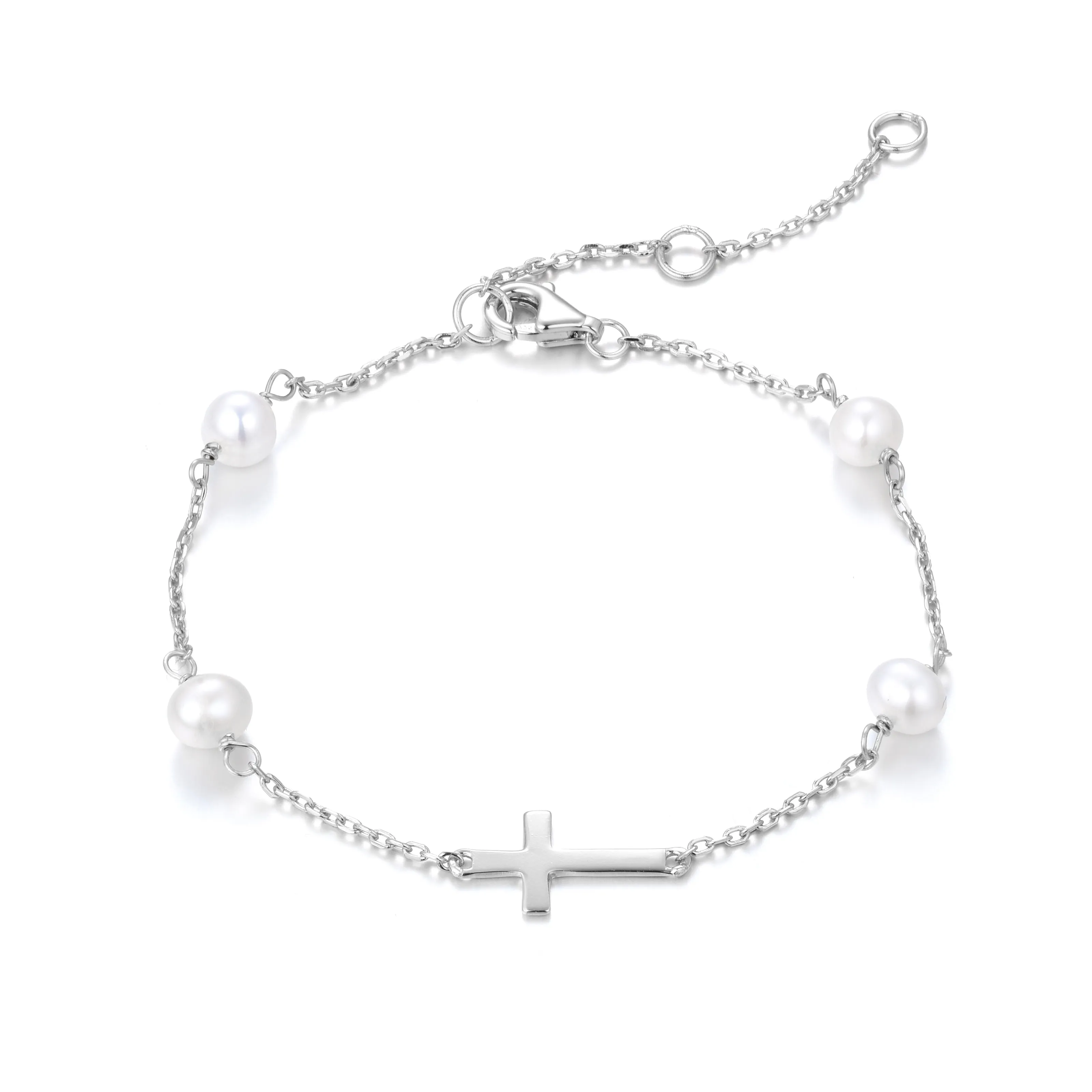 MIKALA CROSS FRESHWATER PEARL BEADED SILVER BRACELET