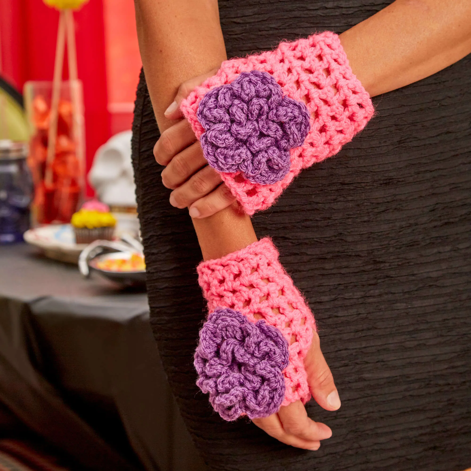 Red Heart Crochet Flower Wristers